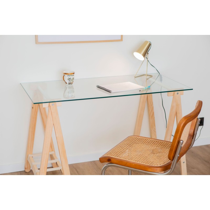Mesa con tablero de cristal y patas de madera modelo ANCORA