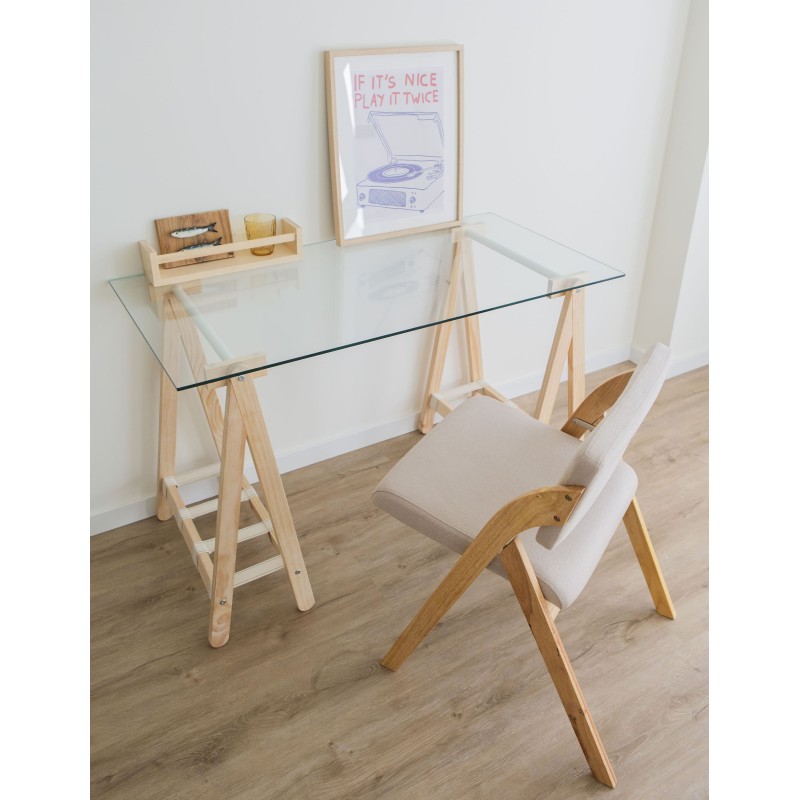 Espacio con mesa de escritorio con cristal templado y madera natural local