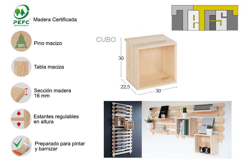 Cubo de madera 30x30x22,5cm - Astideco
