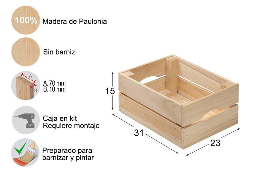 Caja en kit pequeña de madera maciza de paulonia acabado sin barnizar