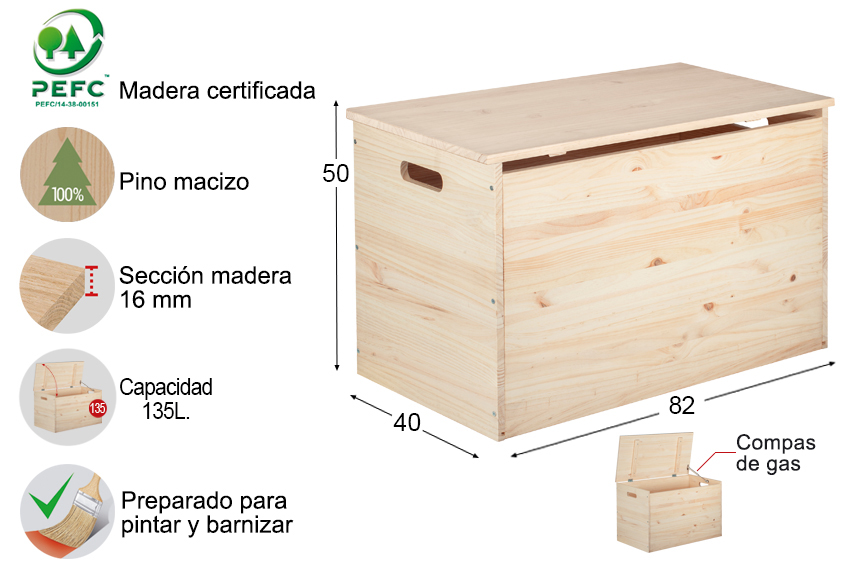 Baúl cofre de madera con compas de gas - Astideco